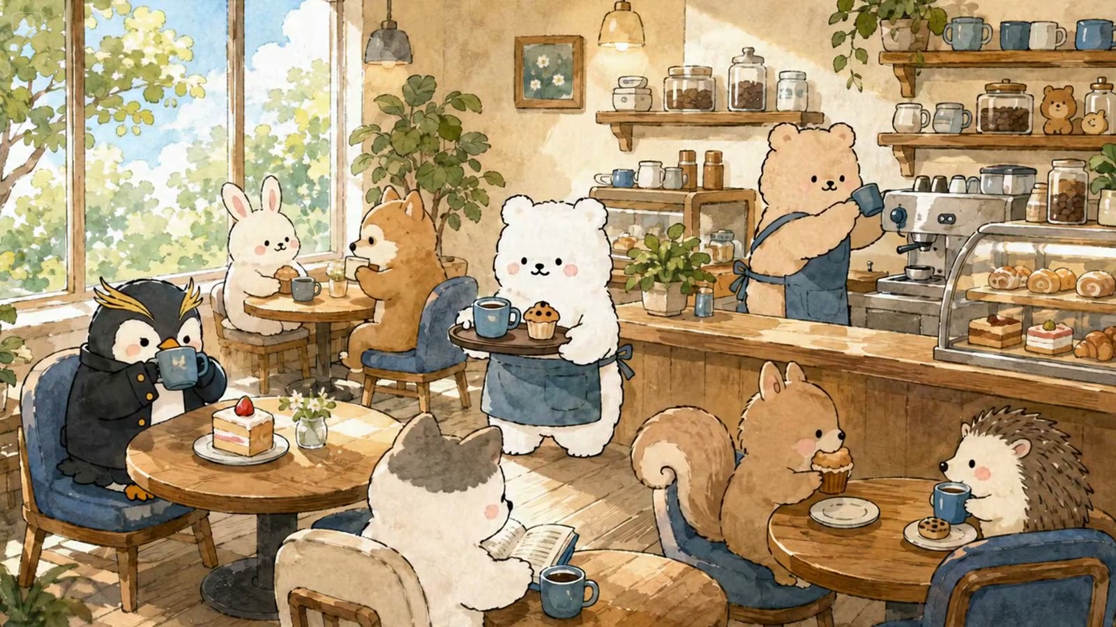 森のちいさな喫茶店のようす。しろくまがコーヒーを運んでいる水彩イラスト