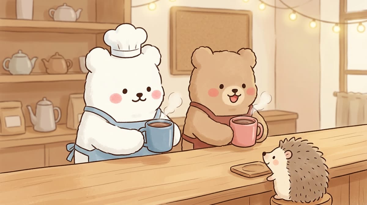 カウンターごしにコーヒーを差しだすしろくまとくま