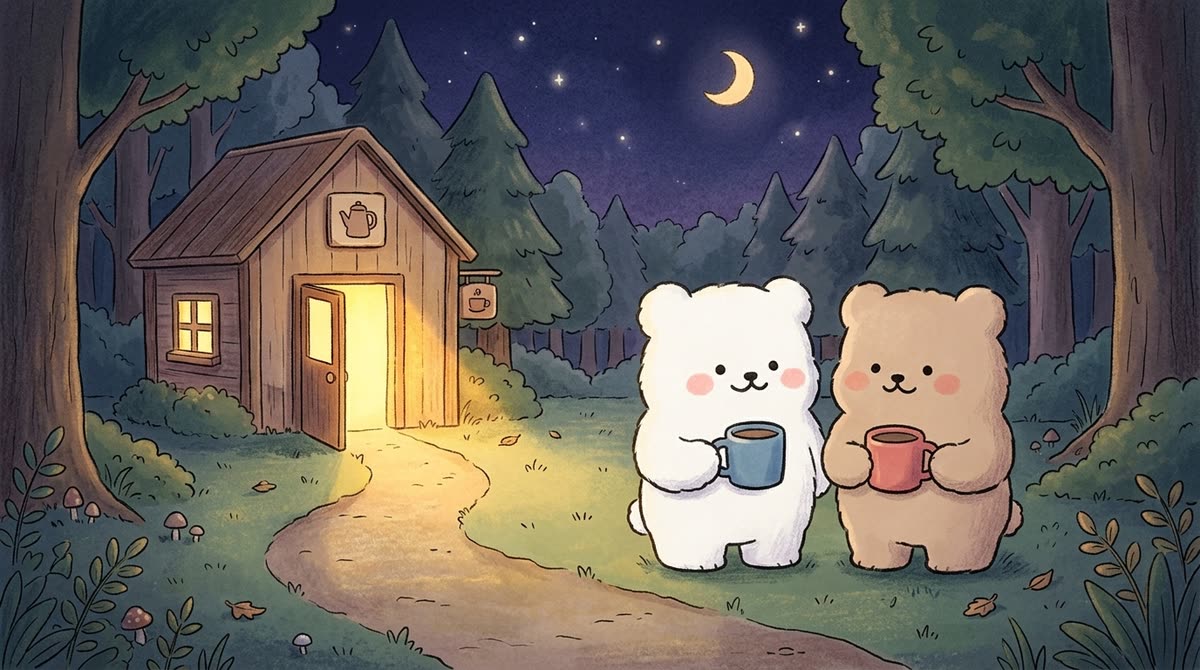 夜の森にたつ喫茶店の小屋としろくま・くま